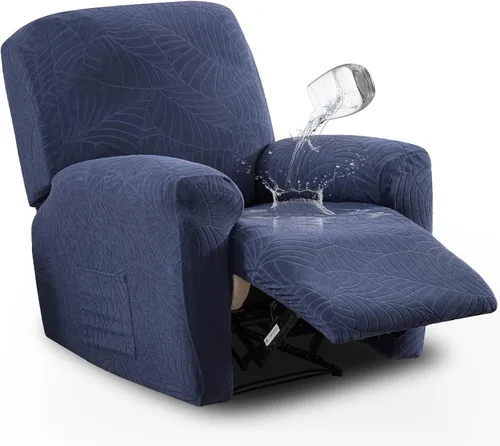 Vista 28 de vctops Funda repelente al agua para silla reclinable de 4 piezas con bolsillo lateral, diseño de hojas de jacquard, elástica, suave, protector