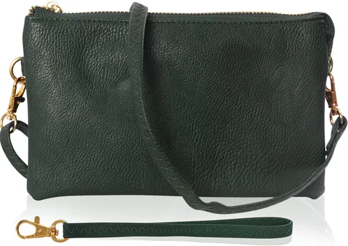 Vista 19 de Humble Chic bolsa pequeña de piel vegana, para usar cruzada o cartera con ajuste de pulsera, incluye hombro ajustable y correa para muñeca. Oro