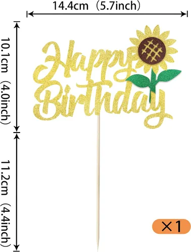 Vista 2 de 1 paquete de decoración de pastel de feliz cumpleaños con purpurina de girasol para pasteles, baby shower, niños, cumpleaños, verano, baby shower