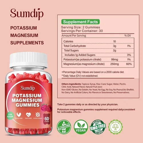 Vista 3 de Gomitas de magnesio y potasio, salud muscular y cardíaca, calambres en las piernas y sueño, suplementos de potasio, gomitas veganas sin OMG, sin