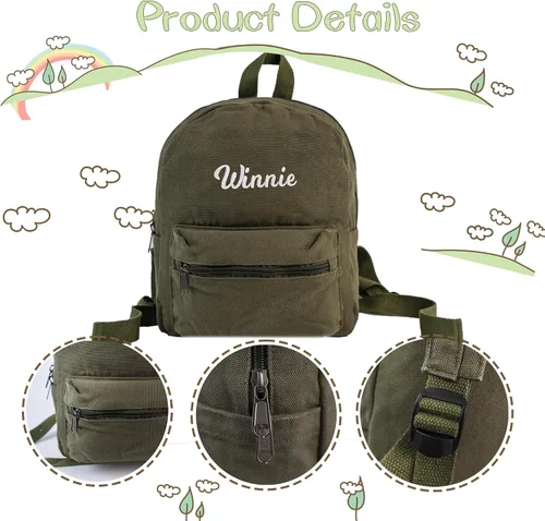 Vista 2 de Mini mochila personalizada mochila pequeña mochila de lona vintage para la escuela Mochila universitaria personalizada con monograma, Verde, Lona