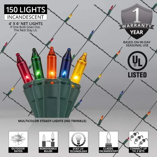 Vista 3 de Kringle Traditions Red de luces de Navidad multicolor para decoraciones de Navidad al aire libre, 150 luces incandescentes en cable verde, 4 x 6