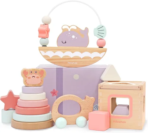 Vista 7 de Pillowhale Juego de juguetes de madera sensorial y educativo para niños pequeños de 1 a 3 años - Anillos para apilar, clasificador de formas, coche