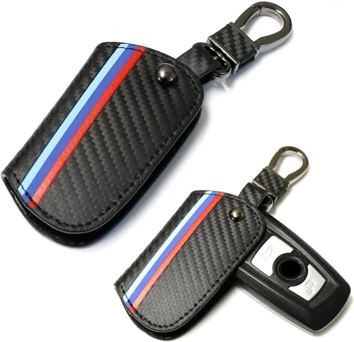 Vista 9 de iJDMTOY Emblemático llavero de cuero con patrón de fibra de carbono negro de 3 colores con llavero compatible con el mando a distancia BMW
