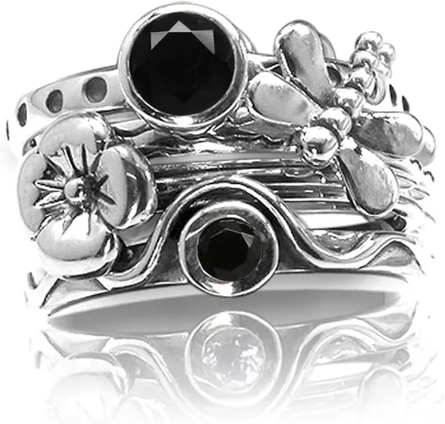 Vista 11 de Silvershake Juego de 4 anillos apilables de plata de ley 925 chapados en oro amarillo con piedras preciosas de forma redonda, con acabado antiguo