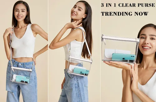 Vista 2 de Y&R Direct Bolsa cruzada 3 en 1 con cremallera transparente con ribete de cuero vegano para estadio, festival, concierto, regalos para el día