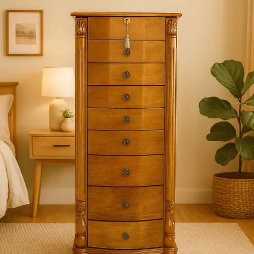 Vista 16 de Hives and Honey Florence Jewelry Armoire - Organizador de almacenamiento de joyas con 8 cajones forrados de fieltro, espejo de tocador, rollos