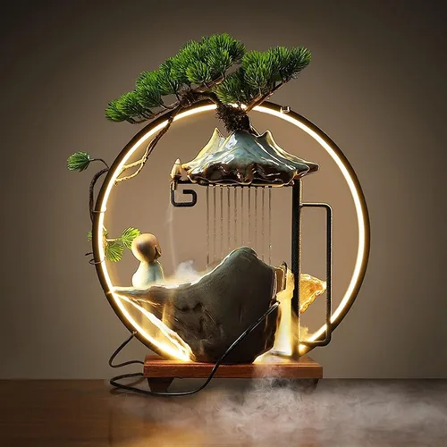 Vista 6 de SUNESA Fuente de mesa Zen de mesa con luz LED y bomba Zen Meditation fuente de cerámica Fengshui decoración interior de escritorio fuente