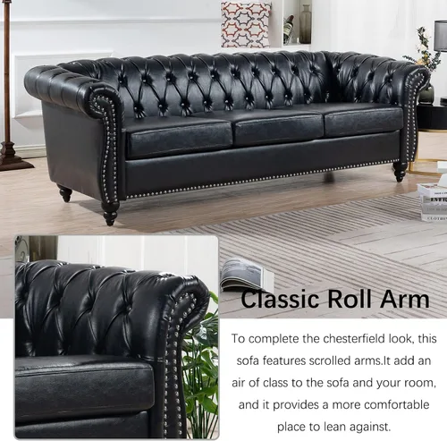 Vista 5 de 84.65" Scroll Arms Chesterfield Sofa PU Leather 3 Seater Couch with Soft Seating Cushions, Modern Style 3-seat Sofa for Living Room Office Apartment