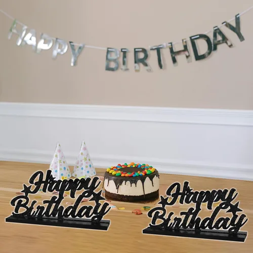 Vista 4 de Letrero de Feliz Cumpleaños con Letras Negras con Purpurina Centros de Mesa para Mesa Suministros de Fiesta de Cumpleaños Decoración de Favor