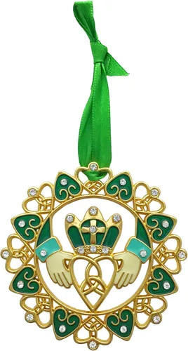 Vista 8 de Adornos de Navidad irlandeses – Diseño Claddagh dorado con joyas y esmalte – Caja de regalo con poema irlandés – Bolsa de almacenamiento de regalo