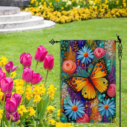Vista 2 de Bandera de jardín de mariposa para primavera y verano, floral, bandera de jardín, vertical, de doble cara, rústica, arpillera, patio, césped