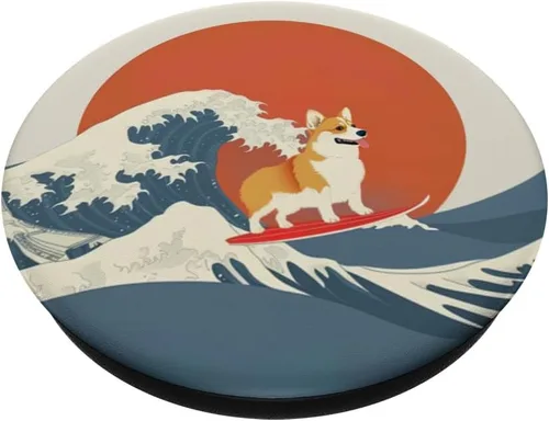 Vista 2 de Cute Corgi Dog Surfboarding Japanese Great Wave Dog Lover PopSockets Standard PopGrip