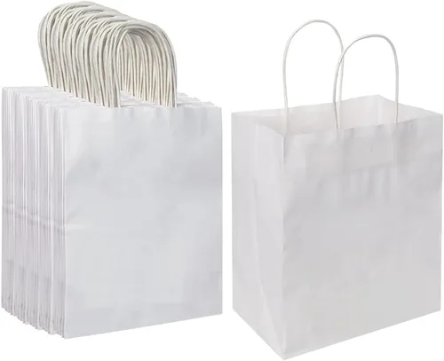 Vista 3 de Oikss Cada paquete de 100 bolsas de regalo de papel kraft blanco pequeño y mediano con asas a granel