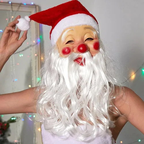 Vista 4 de Divertida máscara completa de Papá Noel máscara facial de Navidad máscara facial de Papá Noel peluca súper suave disfraz de barba fiesta de Navidad