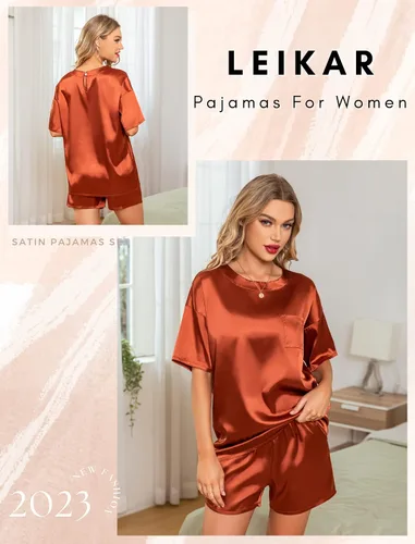 Vista 4 de Leikar Pijama de satén para mujer, conjunto de pijama de seda de manga corta, cómodo conjunto de pijama