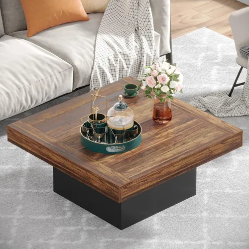 Vista 5 de Tribesigns Mesa de café cuadrada con LED Mesa de café en madera de ingeniería centro bajo de cóctel para sala de estar (marrón rústico+negro)