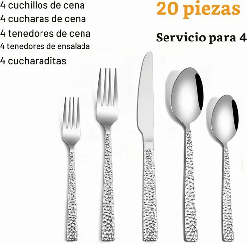 Vista 2 de HaWare - Juego de cubiertos martillados, 20 piezas de acero inoxidable para 4