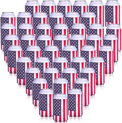 Vista 8 de 12 fundas para enfriar latas con bandera de Estados Unidos, neopreno a granel para latas y botellas, 120z 12