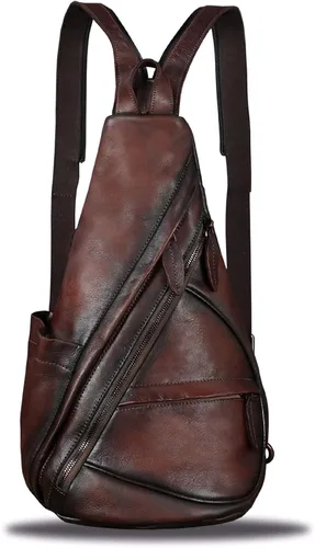 Vista 2 de Bolso bandolera de cuero genuino para hombres y mujeres vintage Sling Mochila bandolera bandolera bolsa de pecho para iPad