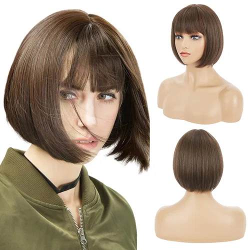Vista 12 de REECHO peluca corta con flequillo, de cabello sintético, para cosplay, para mujeres