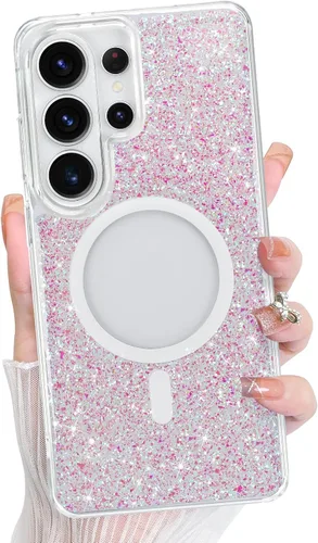 Vista 529 de Bonoma - Funda compatible con Samsung Galaxy S21 Plus, diseño de corazón con purpurina, color rosa Support for MagSafe, Plating Magnetic Case TPU