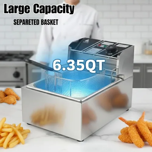 Vista 4 de Freidora eléctrica de 6 litros de acero inoxidable de un solo tanque comercial con canasta, control de temperatura de 2500 W, freidora de encimera