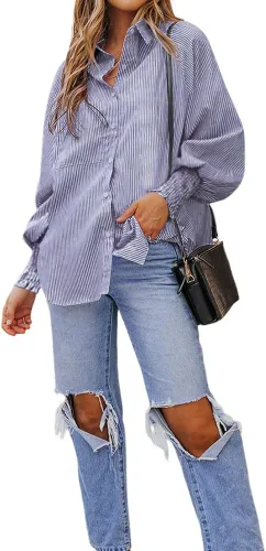 Vista 4 de OPOIPIN Blusa de manga larga con botones y bolsillo para mujer, con estampado a rayas