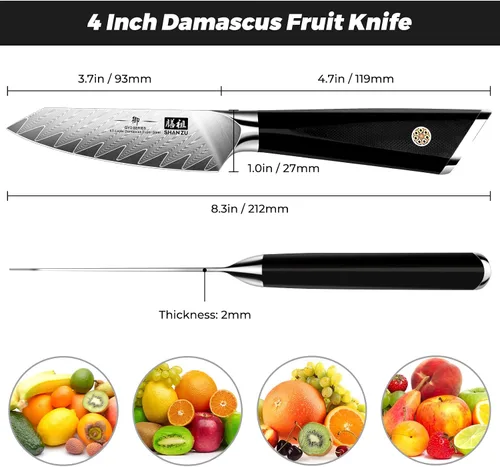 Vista 5 de SHAN ZU Cuchillo de pelar Damasco Cuchillo de fruta de 4 pulgadas Cuchillos de cocina profesional, Cuchillos de tallado de frutas de Damasco japonés