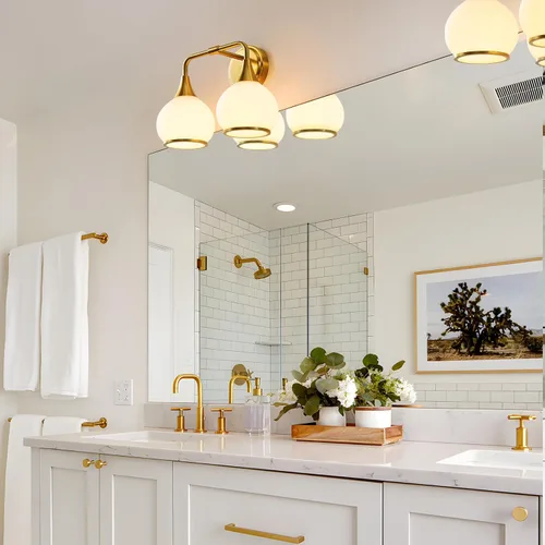 Vista 8 de Accesorios de iluminación de baño en oro cepillado, luces de tocador de 2 luces con pantalla de vidrio esmerilado blanco lechoso, lámpara de tocador