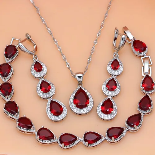 Vista 8 de LMXXVJ Juego de collar y aretes largos, chapados en oro blanco, juego de joyas de zafiro azul creado, joyería de regalo para boda, fiesta, joyería