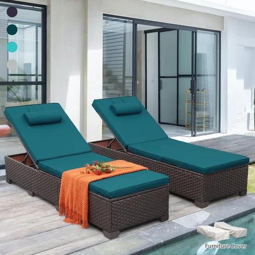 Vista 10 de Rattan Star Juego de 2 tumbonas de mimbre marrón para exteriores, tumbonas de piscina, respaldo ajustable multiángulo con cojines azules