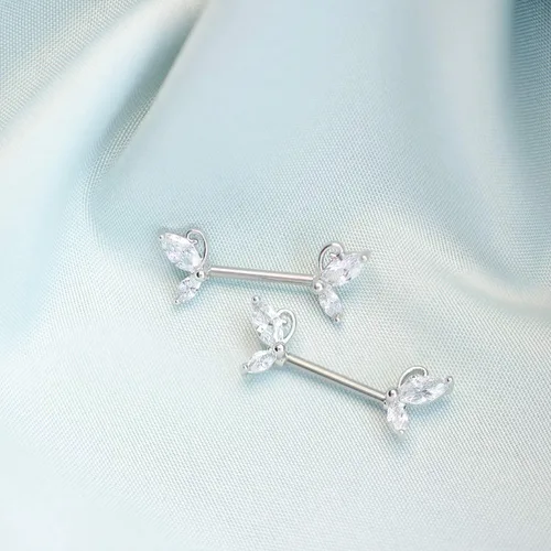 Vista 7 de CHARM ONLINE 2PCS 14G 316L Stainless Steel Clear Butterfly CZ Nipple Rings Barbell Crystal Nipple Piercings Jewelry for Women