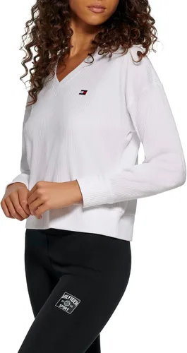 Vista 2 de Tommy Hilfiger Suéter de manga larga con cuello en V y bordado de tela acanalada para mujer