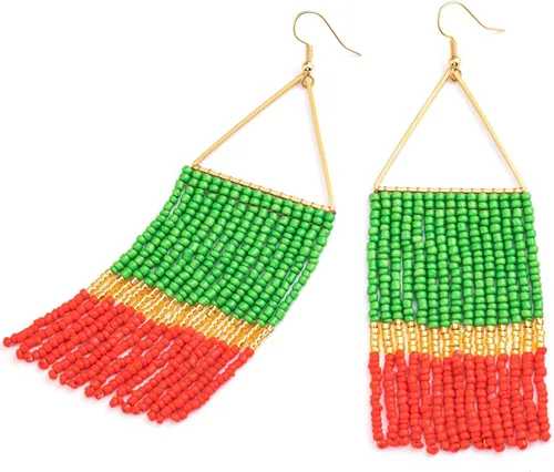 Vista 8 de Aretes de borla hechos a mano, aretes de cuentas de semillas, aretes bohemios con flecos para mujer