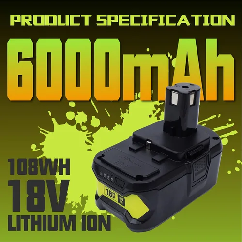 Vista 2 de Paquete de 2 baterías de litio de repuesto de 6000mAh 18V para Ryobi 6.0Ah P108 18V batería P102 P103 P105 P107 P109 ONE+ herramienta inalámbrica