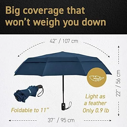 Vista 2 de Windproof Travel Umbrellas for Rain - Lightweight, Strong, Compact with & Easy Auto OpenClose Button for Single Hand Use - Double Vented Canopy for