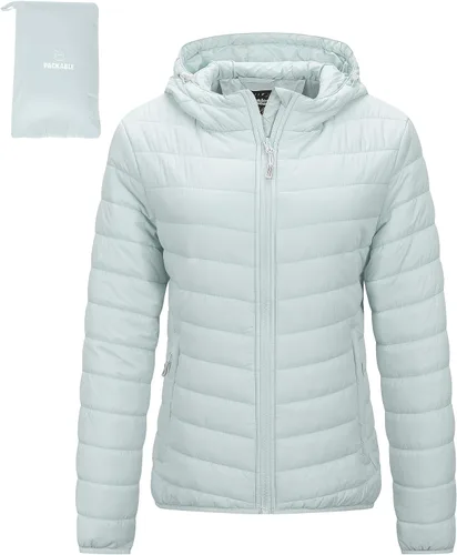 Vista 25 de Outdoor Ventures Chaqueta Puffer Ligera Empacable para Mujer con Cremallera Completa y Capucha, Abrigo de Invierno Acolchado Verde militar