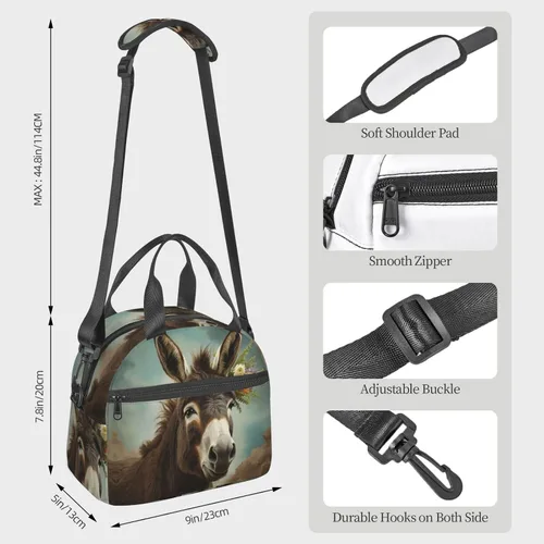 Vista 3 de Bolsa de almuerzo con estampado de animales de burro para mujeres y hombres, reutilizable, aislada, impermeable, bolsa enfriadora para picnic