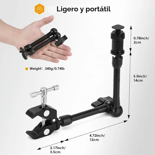 Vista 5 de TARION Brazo mágico con súper abrazadera – 11 pulgadas/11.0 in articulada ajustable montaje de cámara de fricción y abrazadera con rosca de 1/4
