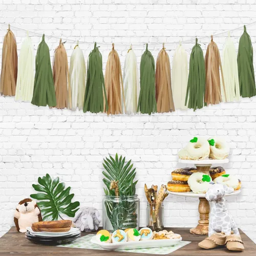 Vista 4 de Guirnalda de borlas verde salvia para decoración de baby shower, decoración retro verde para fiestas, safari, cumpleaños, 15