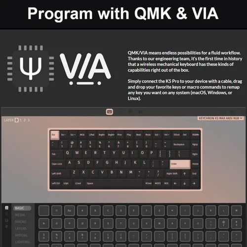 Vista 5 de Keychron K3 Max QMKVIA - Teclado mecánico inalámbrico ultradelgado personalizado, 75% intercambiable en caliente, interruptor marrón retroiluminado