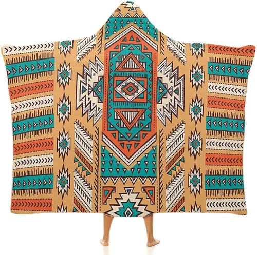 Vista 12 de Manta con capucha, manta tribal con patrón azteca tribal americano, geométrica cultural, suave, cálida y acogedora, 40 x 50 pulgadas, apta