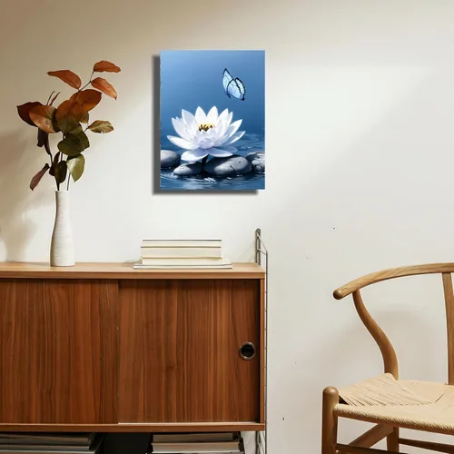 Vista 2 de Lwlaboc Lienzo Zen Impresiones de arte de pared de loto azul marino, flores de loto blanco y mariposa, decoración de pared para meditación