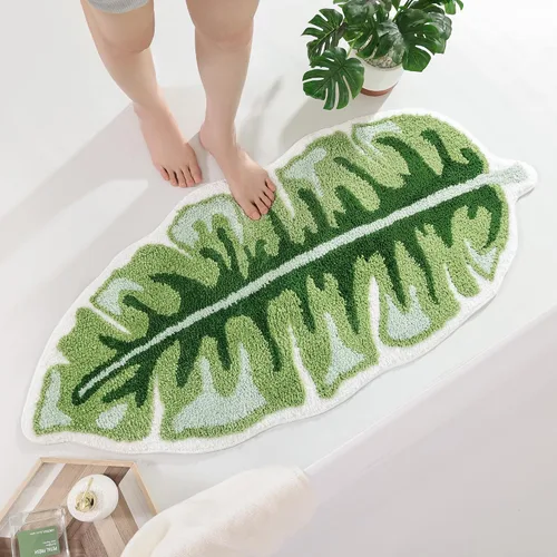 Vista 3 de Panstar Green Leaf - Tapete de baño con planta de plátano grande, antideslizante, absorbente, bonita en forma de palma, alfombra de ducha de felpa