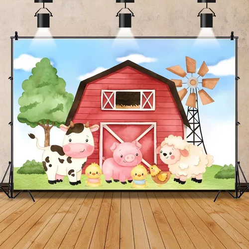 Vista 10 de Telón de fondo rojo de granero para niños, decoración de fiesta de cumpleaños, dibujos animados de animales de granja, granero, fondo de fotografía