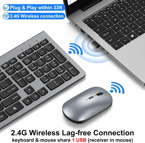 Vista 4 de Combo de teclado y mouse inalámbricos, teclado de diseño ultra delgado de tamaño completo y mouse óptico ajustable de 3 DPI, modo de suspensión