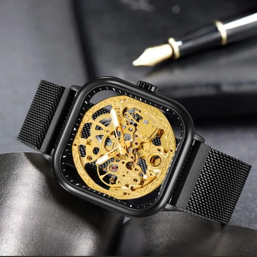 Vista 6 de Fashion Automatic Watches Mechanical Wrist Watch Golden for Mens Skeleton Watches with Stainless Steel Transparent Dial