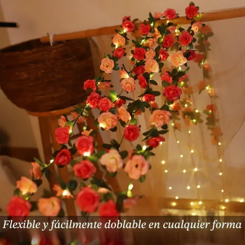 Vista 7 de Fielegen Guirnalda de luces artificiales de 30 LED, funciona con pilas de 9.84 pies de rosa de vid de hadas para el día de San Valentín, boda