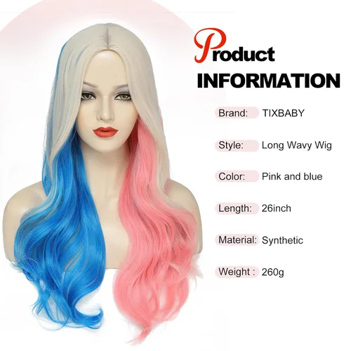 Vista 3 de Harley Quinn Peluca larga rosa y azul para mujer, peluca de cosplay, peluca de Halloween, fiesta, espectáculo, uso diario, peluca de fibras